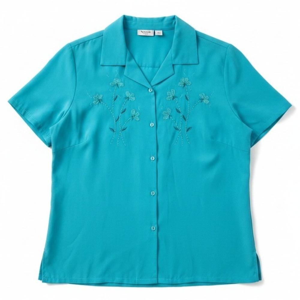 Keneth Too! Turquoise Teal Floral Embroidered Short Sleeve Blouse, Women's Large